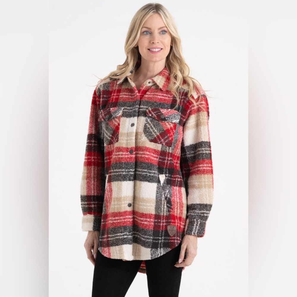 Women’s Cozy Plaid Sherpa Legendary Fleece Jacket - Red, Black & Cream